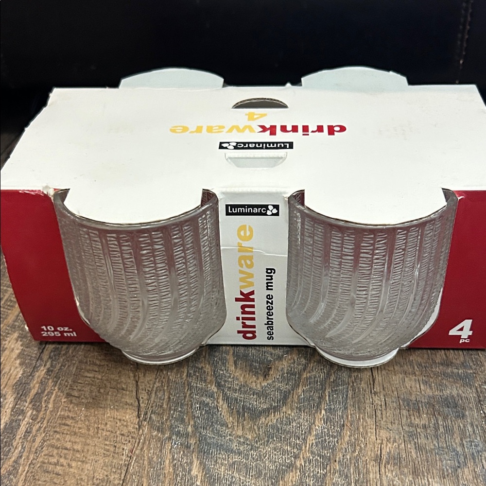 Set 4 Glass Luminarc Seabreeze Mugs NIB Handles‎ 10 Oz Made In USA Frosted Swirl